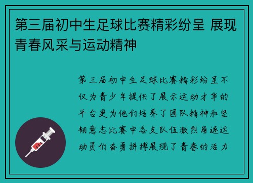 第三届初中生足球比赛精彩纷呈 展现青春风采与运动精神
