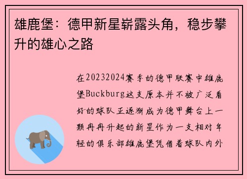 雄鹿堡：德甲新星崭露头角，稳步攀升的雄心之路