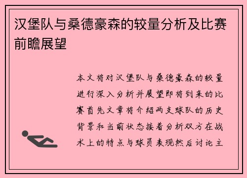 汉堡队与桑德豪森的较量分析及比赛前瞻展望