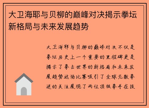 大卫海耶与贝柳的巅峰对决揭示拳坛新格局与未来发展趋势