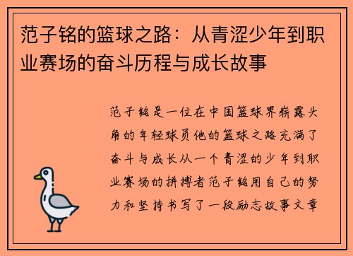 范子铭的篮球之路：从青涩少年到职业赛场的奋斗历程与成长故事