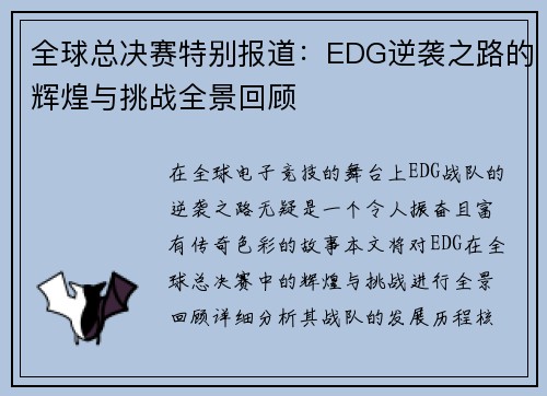 全球总决赛特别报道：EDG逆袭之路的辉煌与挑战全景回顾