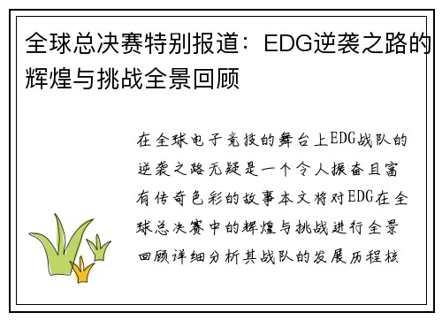 全球总决赛特别报道：EDG逆袭之路的辉煌与挑战全景回顾