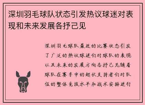 深圳羽毛球队状态引发热议球迷对表现和未来发展各抒己见